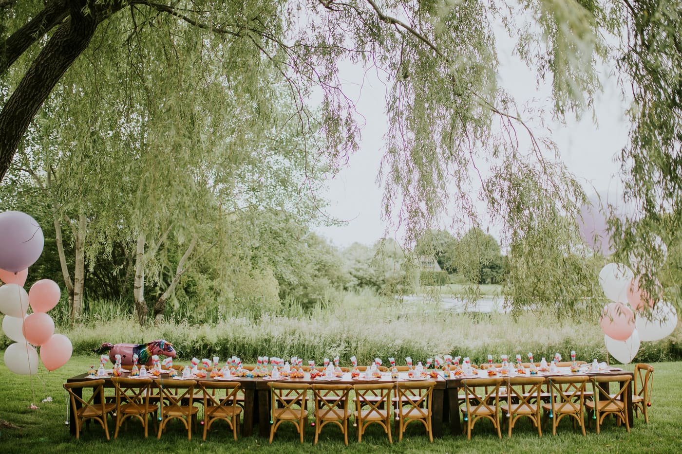 A long children's table set on a lawn beneath a willow