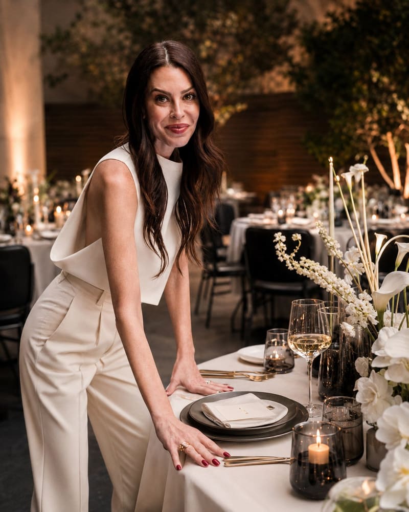 Mallory Schultz setting a candlelit dinner table dressed in cream